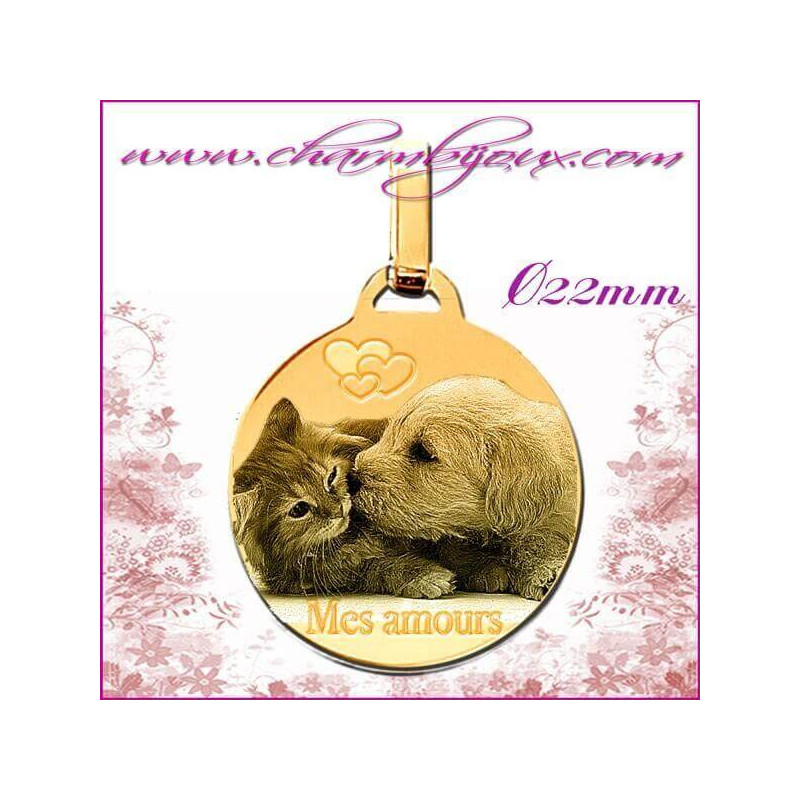 Médaille Ronde plate 22 mm en Plaqué or 18 carats - GRAVURE PHOTO de votre Animal de compagnie et GRAVURE photo