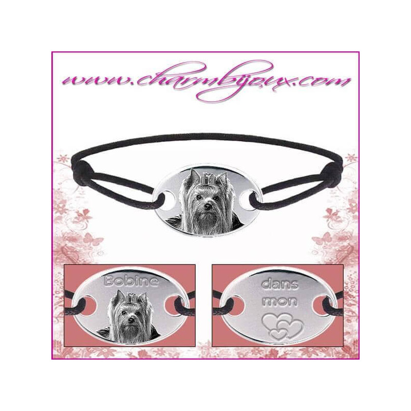 Bracelet cordon avec plaque ovale en Argent - Gravure Photo de votre animal de compagnie et gravure texte