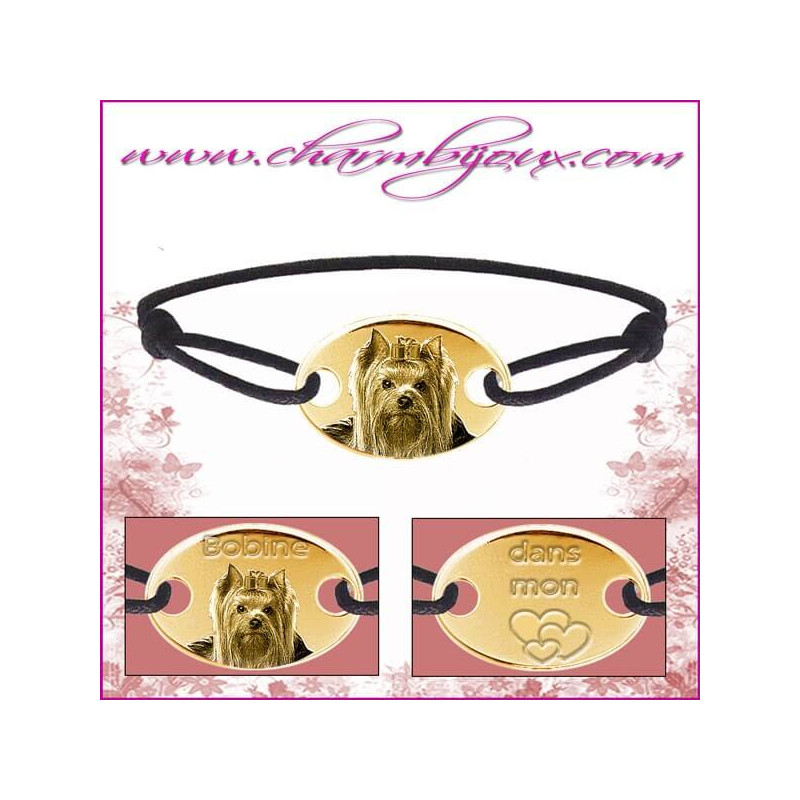Bracelet cordon avec plaque ovale en Plaqué or 18 carats- Gravure Photo de votre animal de compagnie