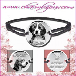 Bracelet cordon avec plaque ronde en Argent - Gravure Photo de votre animal de compagnie