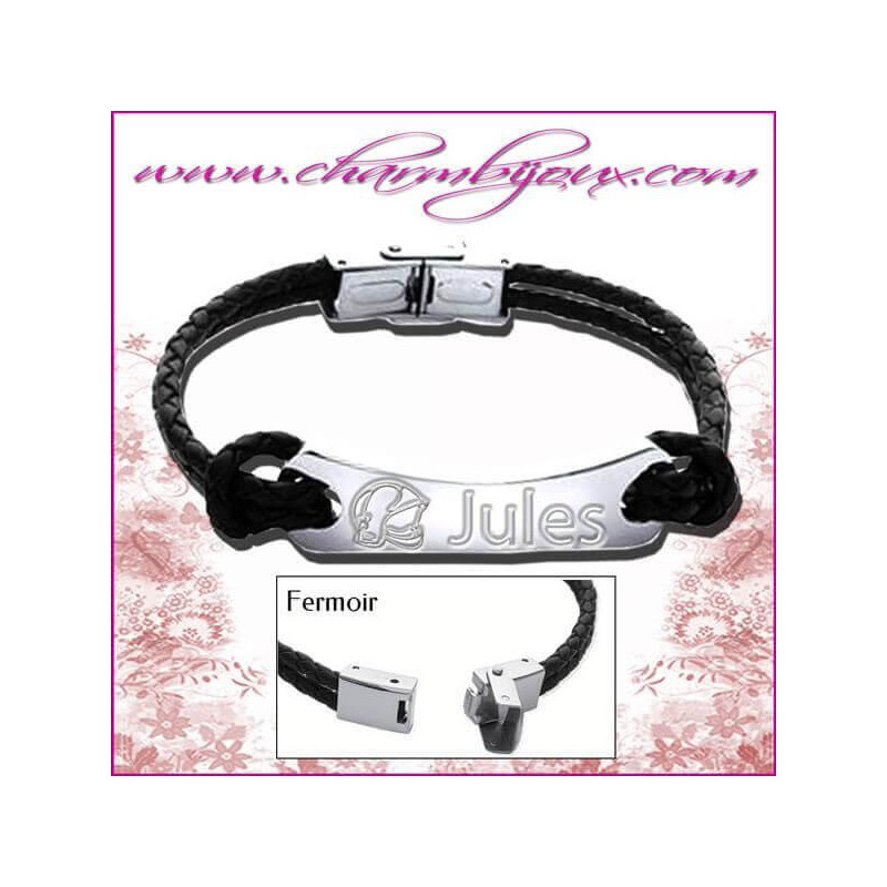 Bracelet en Cuir noir avec 2 noeuds de chaque côté de la plaque rectangle en Acier- Gravure Pompier et prénom et texte