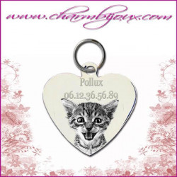 Médaille petit coeur pour chien ou chat en Acier - Gravure Photo animal et gravure texte numéro de téléphone texte