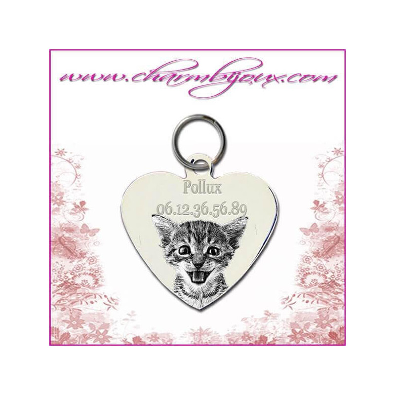Médaille petit coeur pour chien ou chat en Acier - Gravure Photo animal et gravure texte numéro de téléphone texte