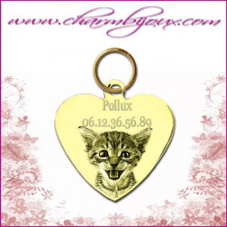 Médaille petit Coeur doré- Gravure Photo animal chien chat et gravure texte nom téléphone photo et texte