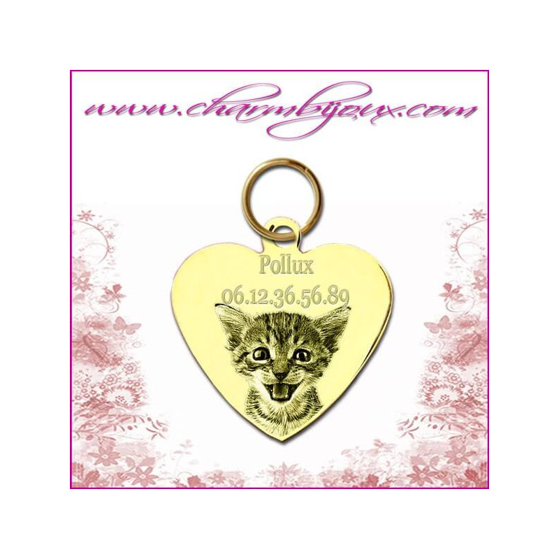 Médaille petit Coeur doré- Gravure Photo animal chien chat et gravure texte nom téléphone photo et texte