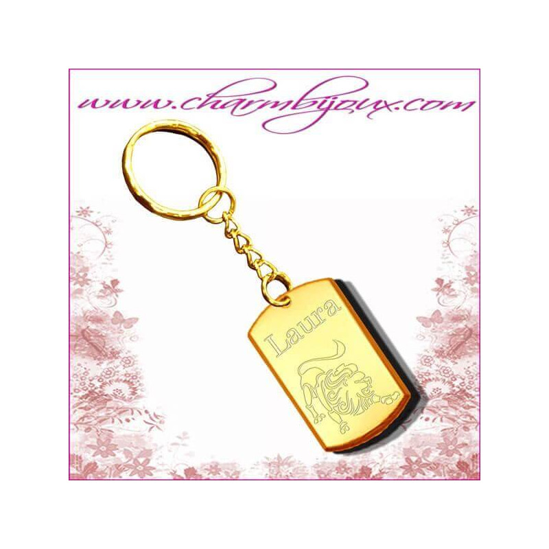 Porte clé Rectangle arrondi doré avec Gravure signe du zodiaque OFFERTE cadeau homme