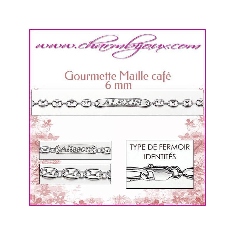 Gourmette Maille Café 19 cm pour Homme Femme Enfant - Gravure prénom OFFERTE- Argent véritable 925000 garanti et texte