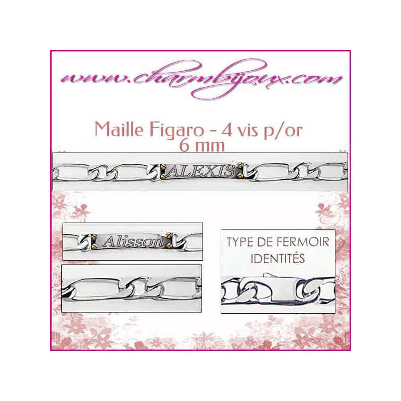 Gourmette Maille figaro avec vis 20 cm pour Homme Femme - Gravure prénom OFFERTE- Argent véritable 925000 garanti