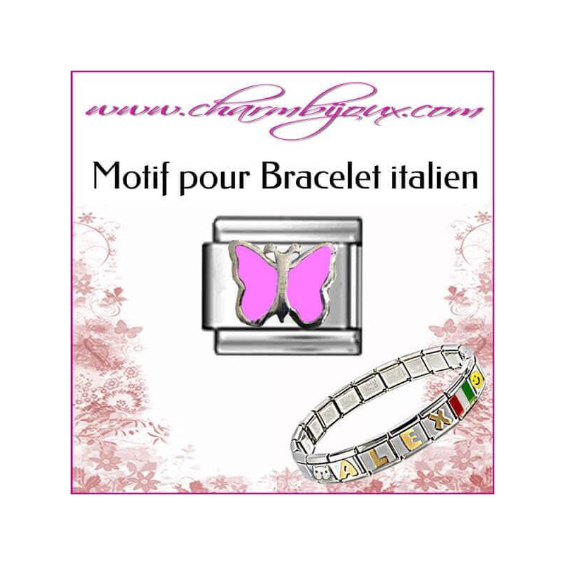 Maillon papillon rose: Motif Italien pour bracelet italien en Acier   