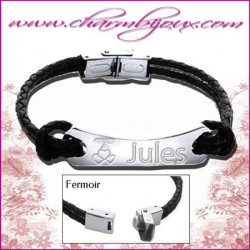 Bracelet Cuir 2 noeuds noir avec plaque rectangle en Acier- Gravure prénom offerte avec symbole