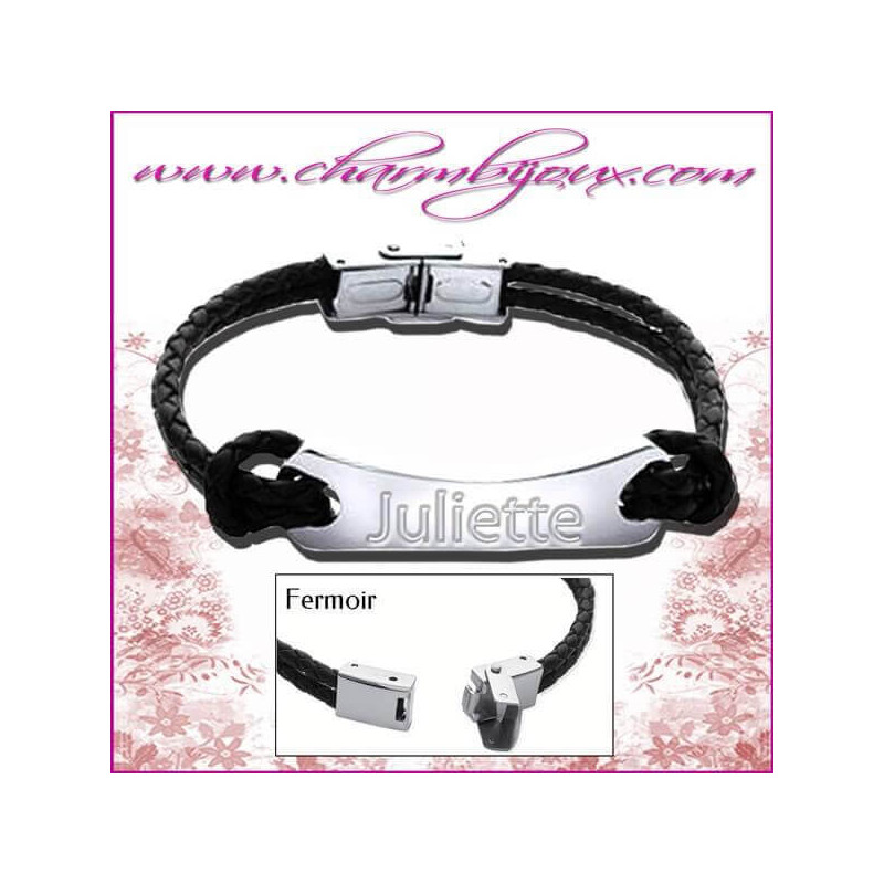 Bracelet Cuir 2 noeuds noir avec plaque rectangle en Acier- Gravure prénom offerte avec symbole