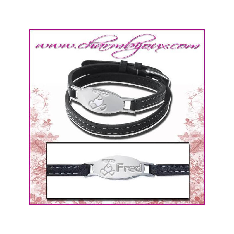 Bracelet Cuir noir avec plaque ovale en Acier- Gravure prénom offerte gravure symbole zodiaque et symbole