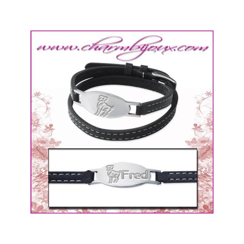 Bracelet Cuir noir avec plaque ovale en Acier- Gravure prénom offerte gravure symbole zodiaque et symbole