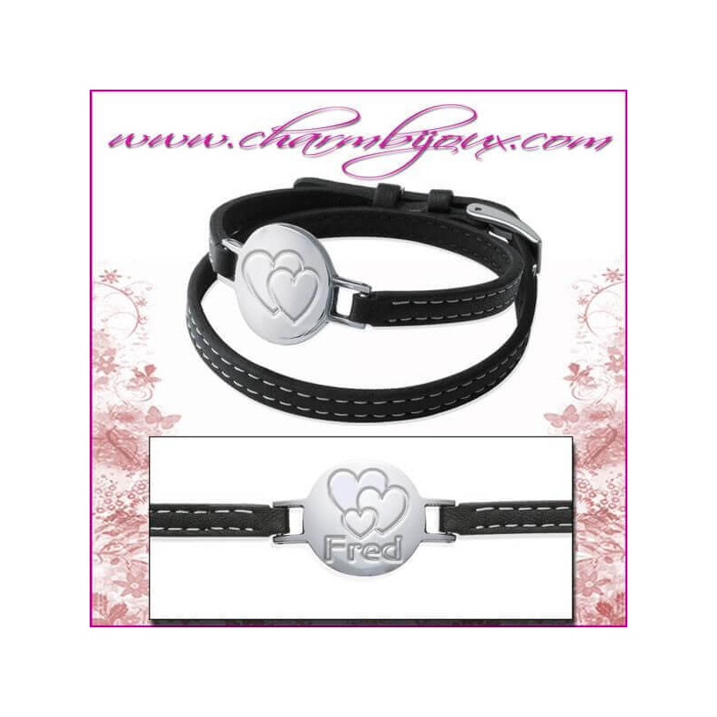 Bracelet Cuir noir avec plaque ronde en Acier- Gravure prénom offerte gravure symbole zodiaque avec symbole