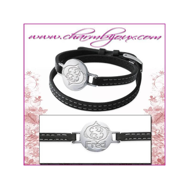 Bracelet Cuir noir avec plaque ronde en Acier- Gravure prénom offerte gravure symbole zodiaque avec symbole