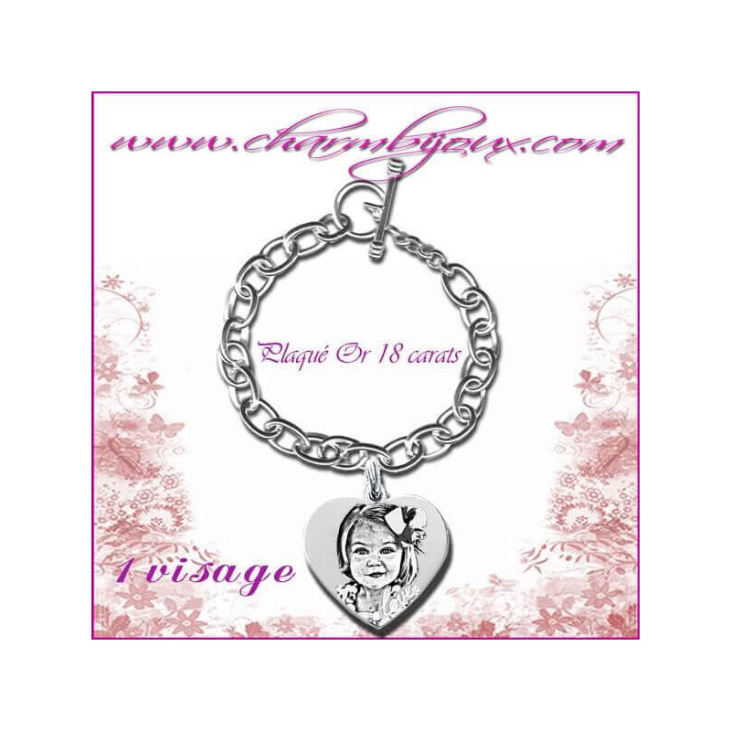 Bracelet 1 pendentif coeur love Argent avec gravure Photo OFFERTE - Gravure date- Gravure symbole - Argent véritable avec 1 visa