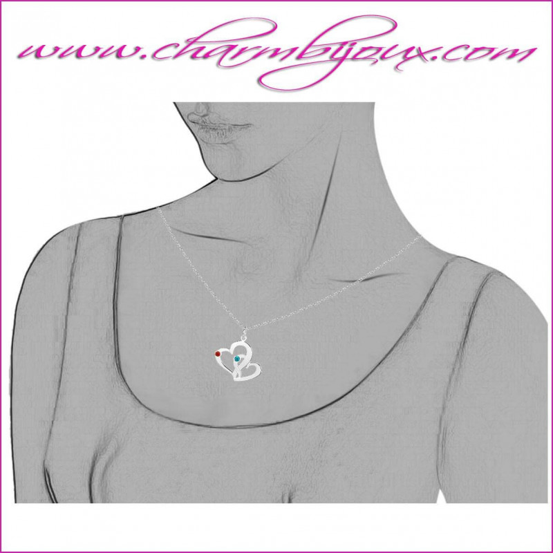 collier double coeur argent personnalisable avec 2 prenoms et 2 pierres de naissance