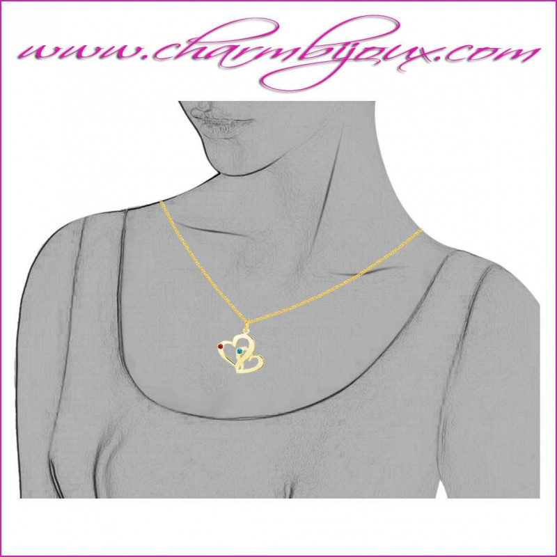 collier double coeur plaque or personnalisable avec 2 prenoms et 2 pierres de naissance