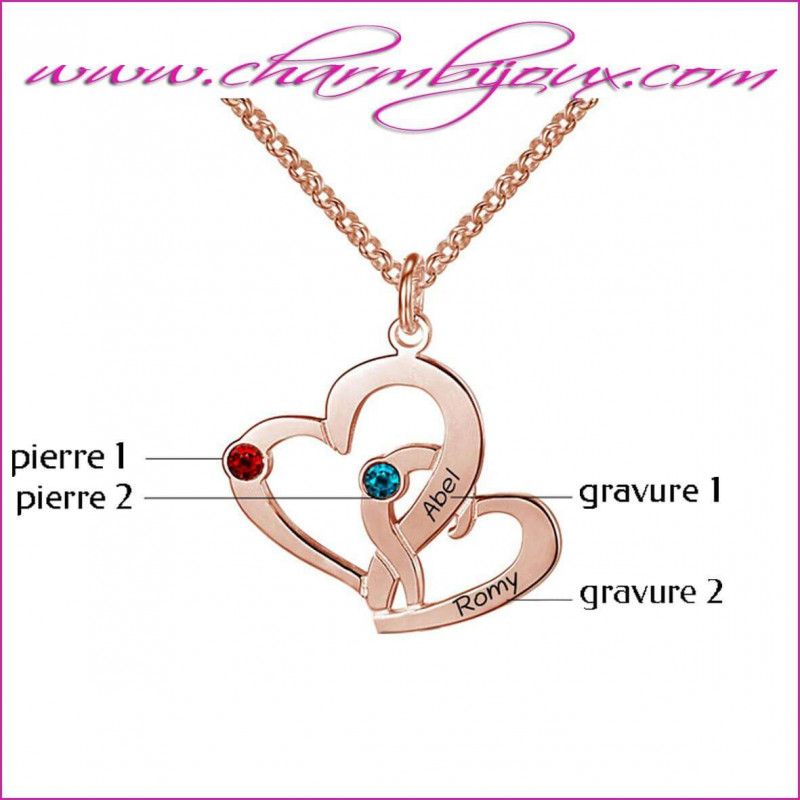 collier double coeur plaque or rose personnalisable avec 2 prenoms et 2 pierres de naissance
