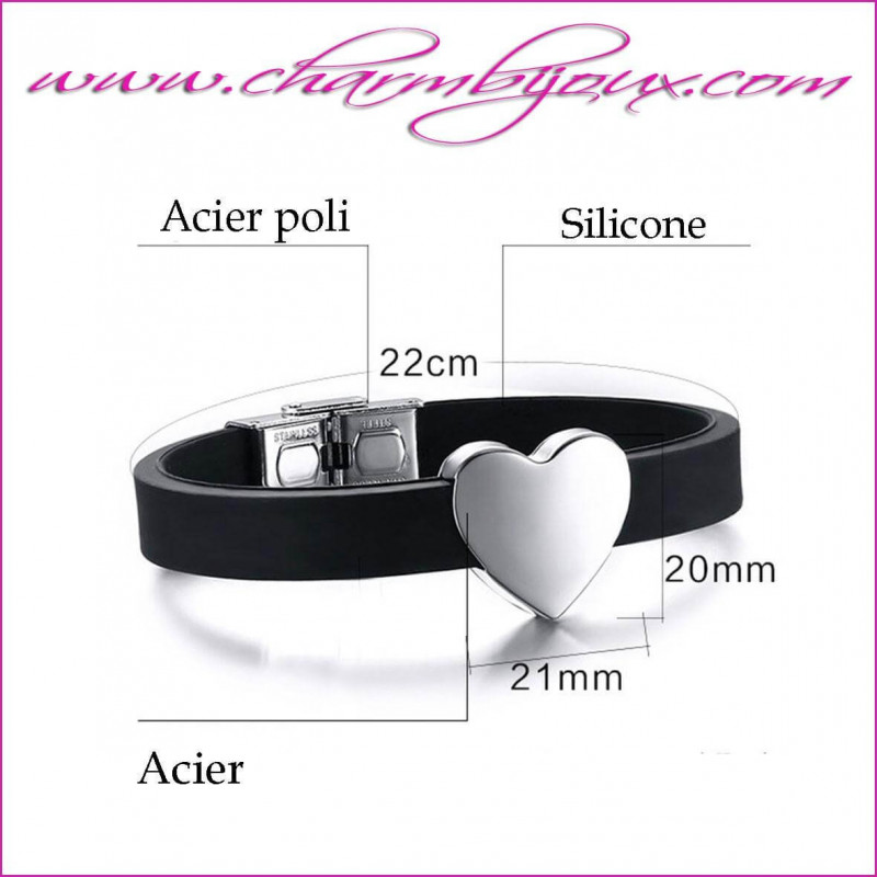 Bracelet silicone noir réglable avec coeur en Acier avec Gravure prénom texte pour homme femme enfant