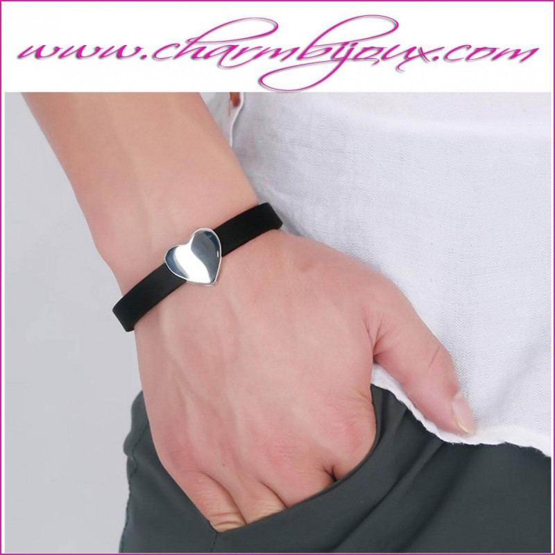 Bracelet silicone noir réglable avec coeur en Acier avec Gravure prénom texte pour homme femme enfant