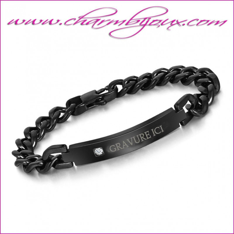 Bracelet titanium noir avec Gravure prénom texte pour homme femme 