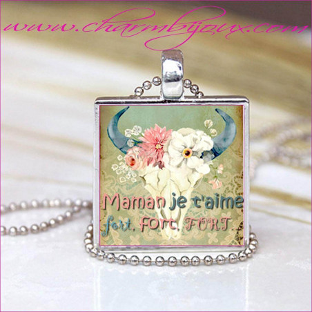 Collier message bijou avec pendentif personnalisé avec texte "Maman je t'aime fort fort fort.."