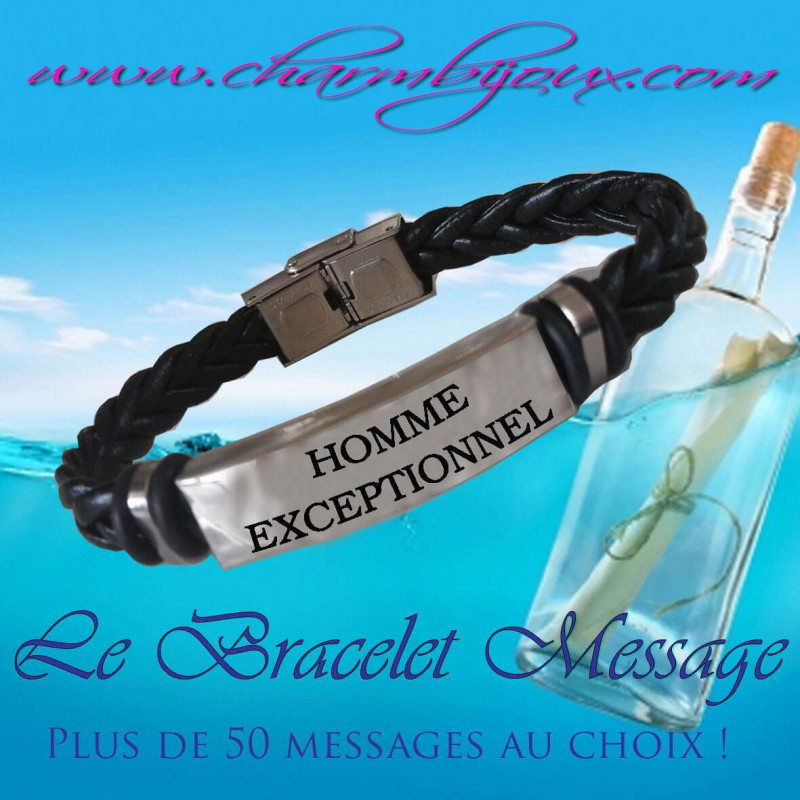 Bracelet-message-cuir-tresse-noir-réglable-pour-homme-femme-choix-du-message