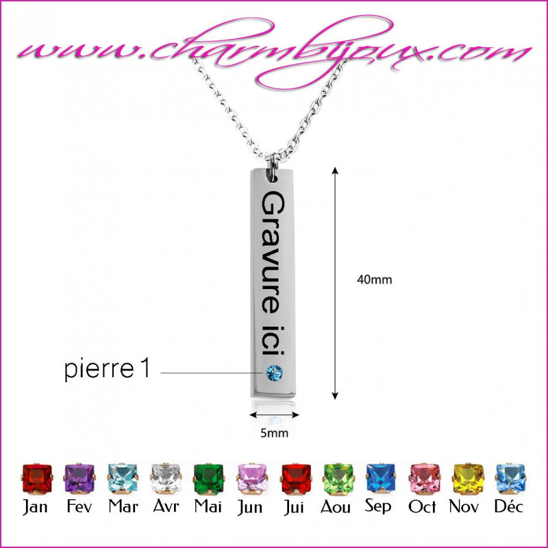 collier bar vertical avec prenom personnalisable avec pierre de naissance et prenom message