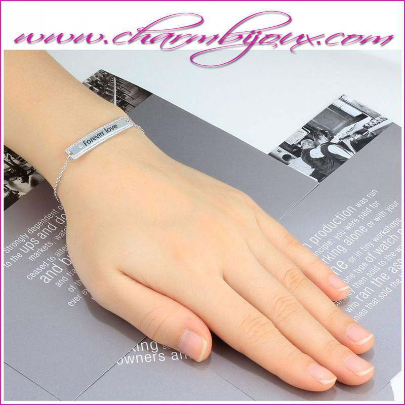 Bracelet argent avec plaque rectangle avec personnalisation gravure texte Prénom Message- bracelet maman