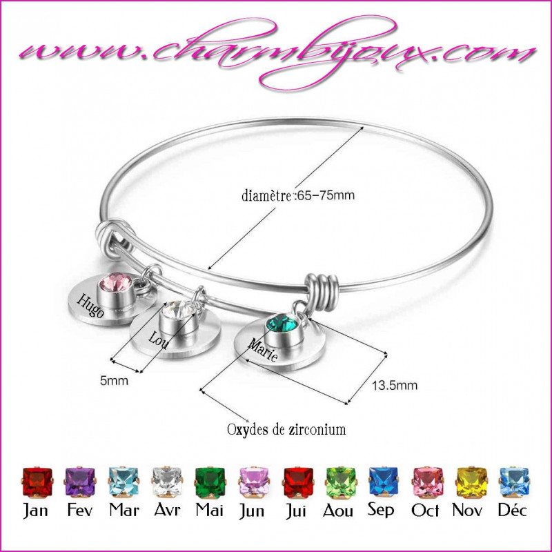 Bracelet réglable avec 3 charm's 3 pierre de naissance et 3 prénoms gravés - Bracelet en acier