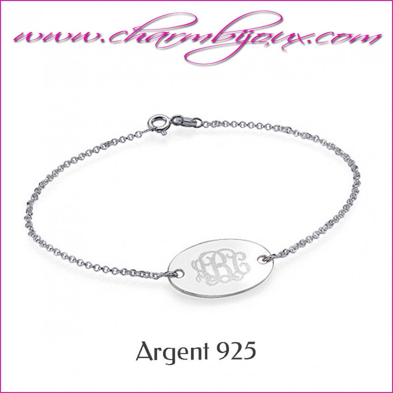 Bracelet Monogramme sur plaque ovale en Argent pour maman avec personnalisation prénom