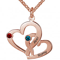 collier double coeur plaque or rose personnalisable avec 2 prenoms et 2 pierres de naissance