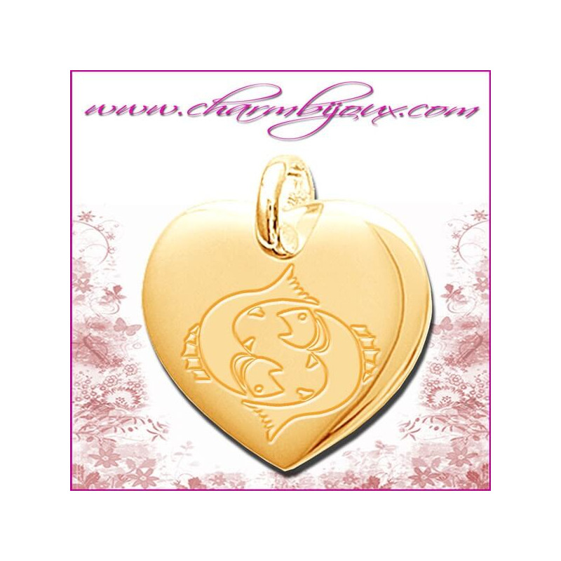 Pendentif coeur droit en Plaque or 18 carats véritable Gravure zodiaque offerte et gravure prenom