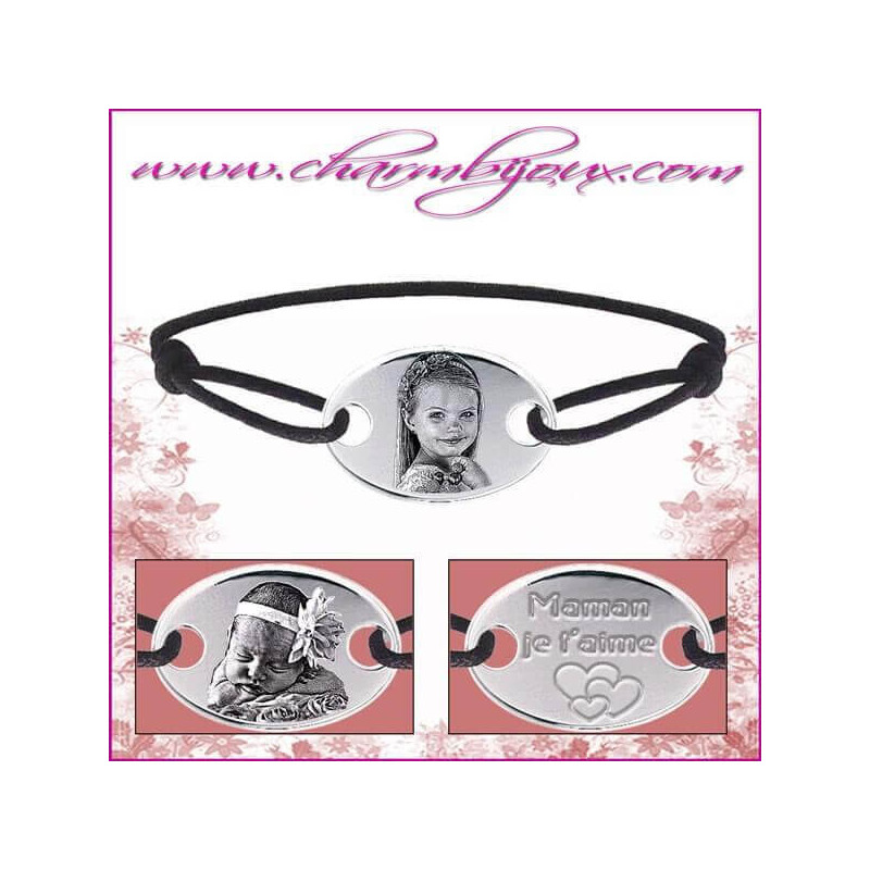Bracelet cordon avec sa plaque ovale en argent et gravure photo texte