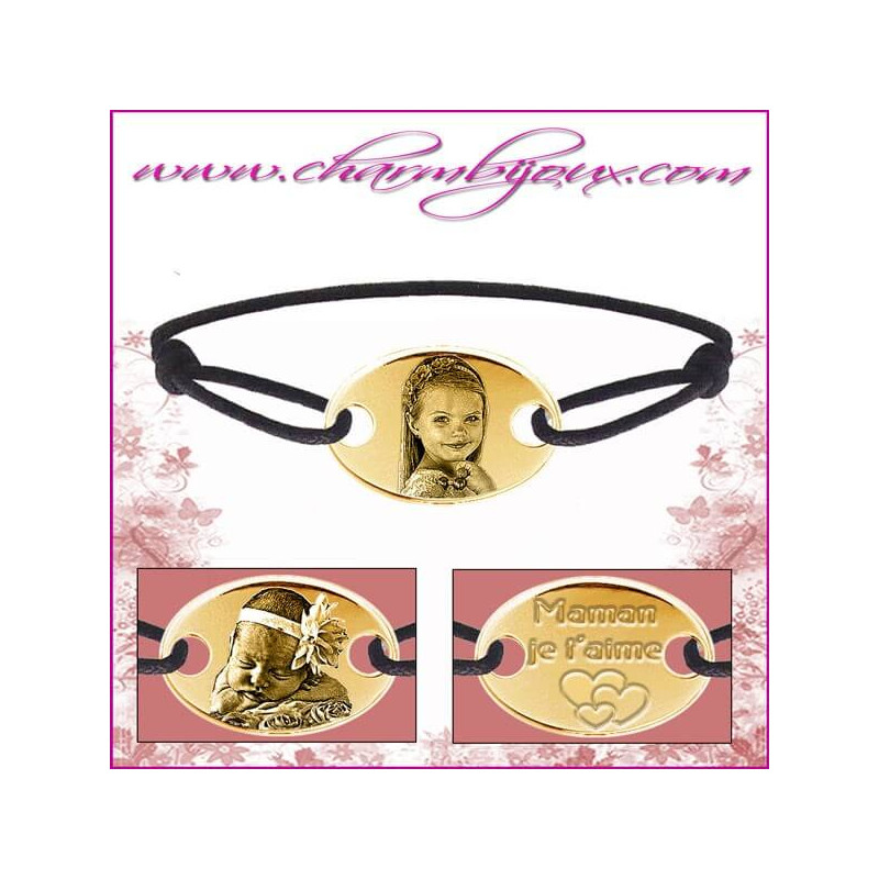 Bracelet cordon avec sa plaque ovale en plaqué or et gravure photo texte