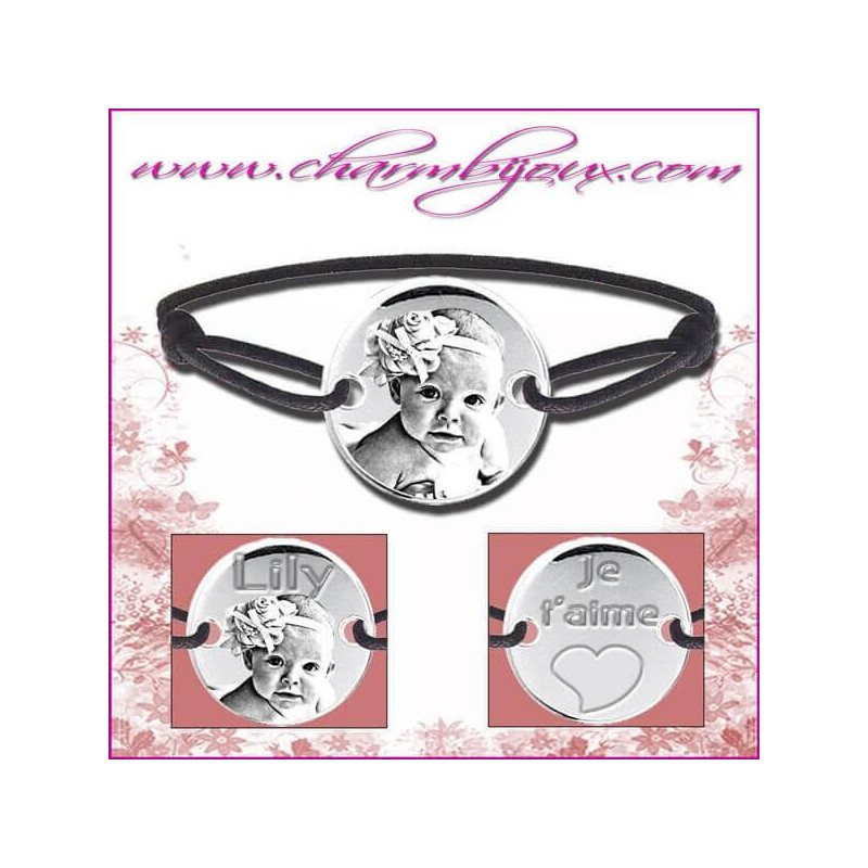 Bracelet cordon avec sa plaque ronde en argent et gravure prenom zodiaque symbole de votre choix