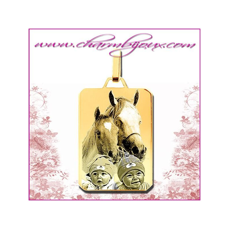 Médaille grand Rectangle en Plaqué or 18 carats - GRAVURE PHOTO de votre Animal de compagnie et GRAVURE photo animale et homme